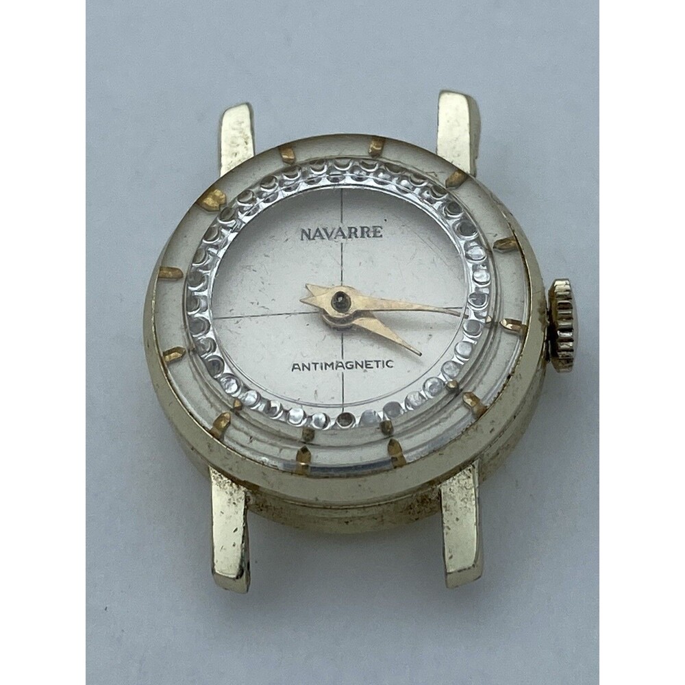 Vintage Navarre Watch Women Moving Crystal Silver Tone Manual Wind